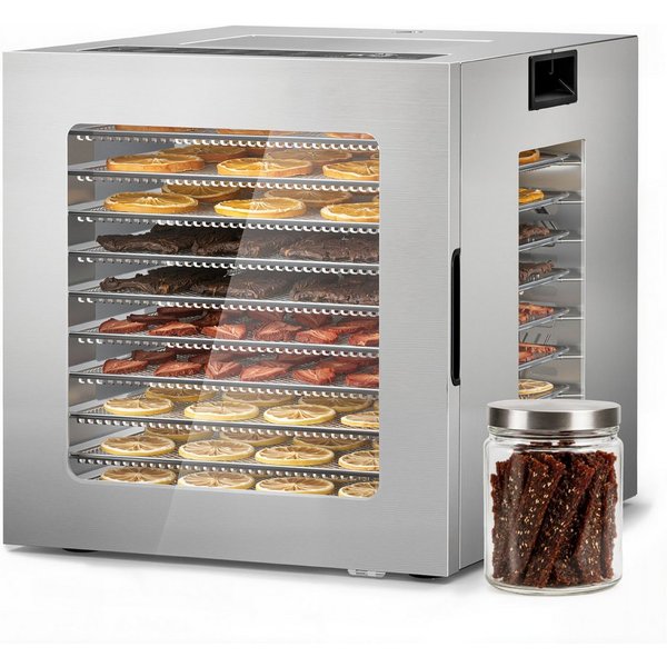 Furnicopia Dörrautomat Edelstahl Lebensmitteltrockner – 10 Tabletts, 48h, 850W 850 W, 10 Etagen, 360°-Umluft, 24-h-Warmhalten, für Obst, Jerky u. a., inkl. Reze