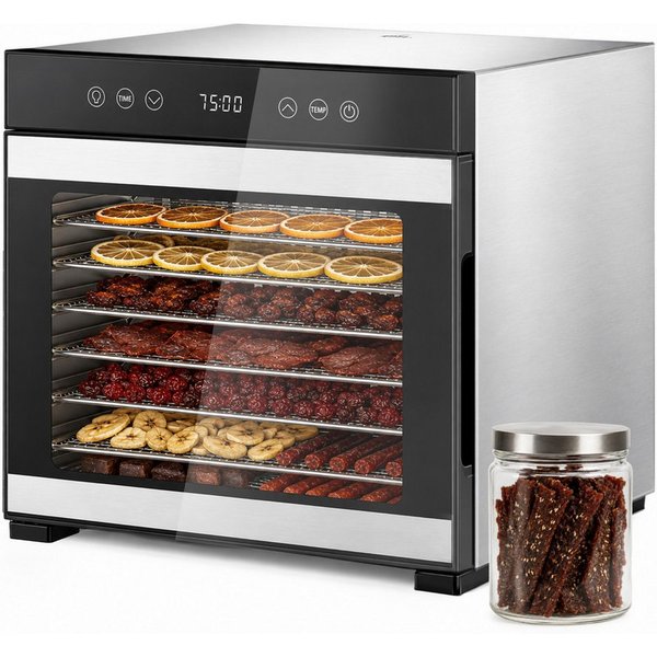Furnicopia Dörrautomat Edelstahl Lebensmitteltrockner – 10 Tabletts, 48h, 850W 650 W, 8 Etagen, 360°-Umluft, 24-h-Warmhalten, für Obst, Jerky u. a., inkl. Rezep