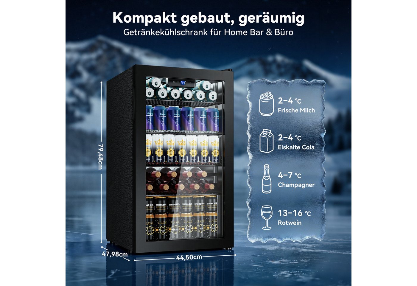Furnicopia Getränkekühlschrank 86L, frostfrei mit Umluftkühlung, Doppelglastür, umkehrbarer Türanschlag für Zuhause, Büro und Bar YC-86, umkehrbare Tür, verstel – Bild 2 von 5