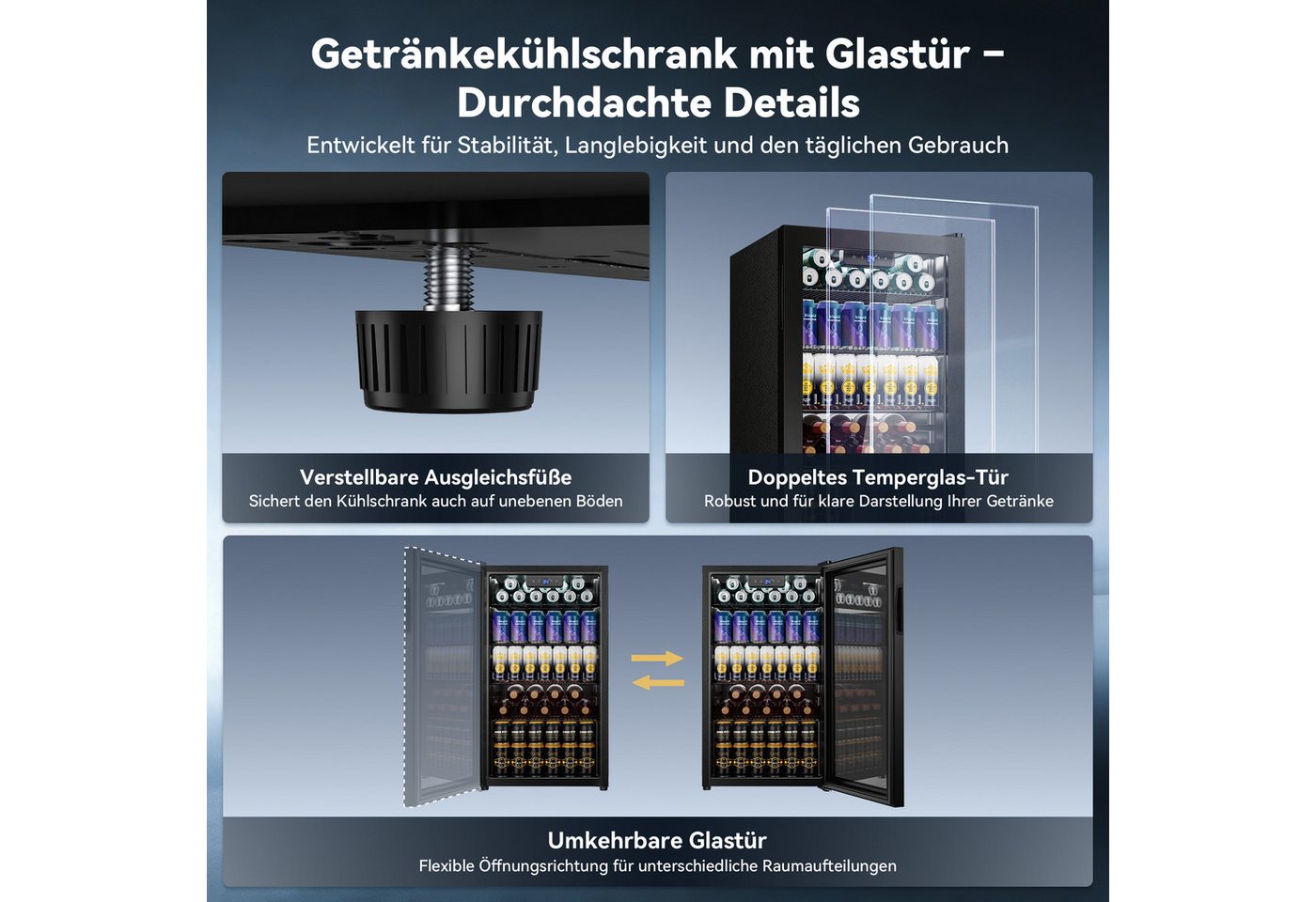 Furnicopia Getränkekühlschrank 86L, frostfrei mit Umluftkühlung, Doppelglastür, umkehrbarer Türanschlag für Zuhause, Büro und Bar YC-86, umkehrbare Tür, verstel – Bild 5 von 5