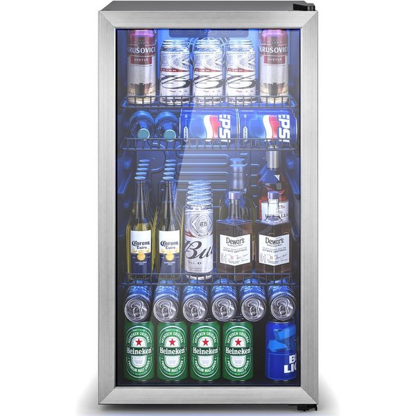 Furnicopia Getränkekühlschrank 89L, Doppelverglasung, LED-Beleuchtung, geräuscharm, silberner Aluminium-Rahmen KVC-90A, LED-Touch, verstellbare Füße & Ablagen,