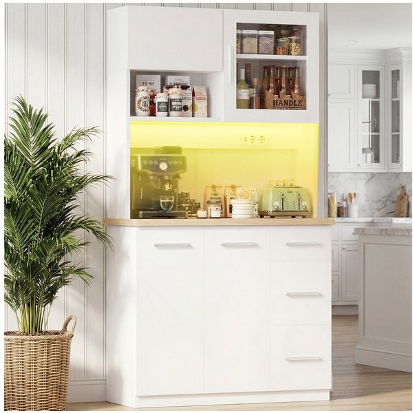 Furnicopia Küchenbuffet Hohe Schränke, Küchenzeilen, Sideboards, mit LED-Beleuchtung (Maße: 100 × 40 × 182 cm, mit 3 Schubladen + 3 Schranktüren + 1 offenem Sta