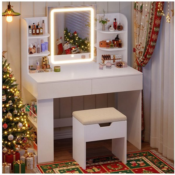 Furnicopia Schminktisch 90/110 cm, LED-Beleuchtung mit einstellbarer Helligkeit, Stauraum (Mit 8 Ablagefachern, 2 Schubladen (beidseitig austauschbar)und option