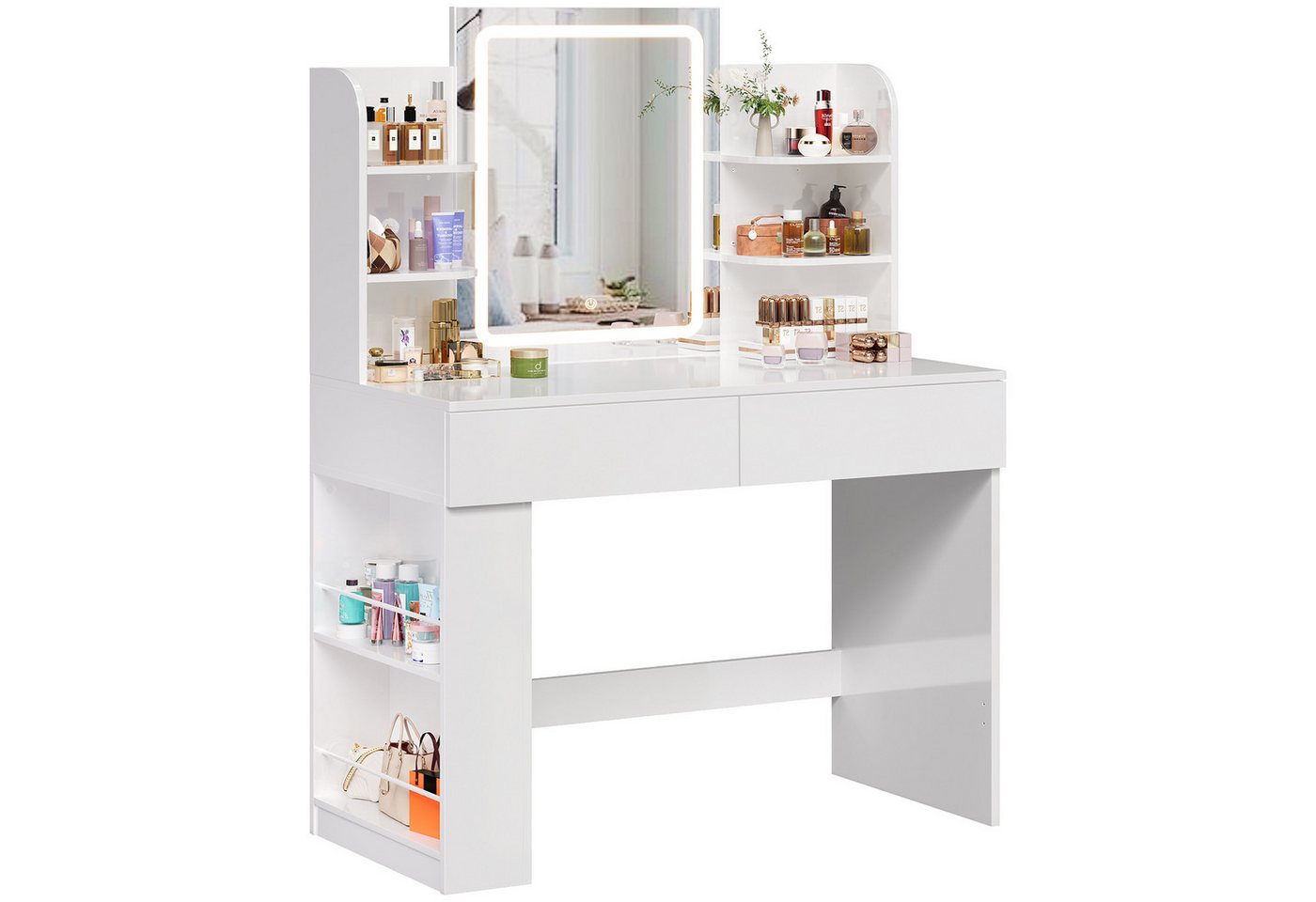 Furnicopia Schminktisch 90/110 cm, LED-Beleuchtung mit einstellbarer Helligkeit, Stauraum (Mit 8 Ablagefachern, 2 Schubladen (beidseitig austauschbar)und option – Bild 2 von 5