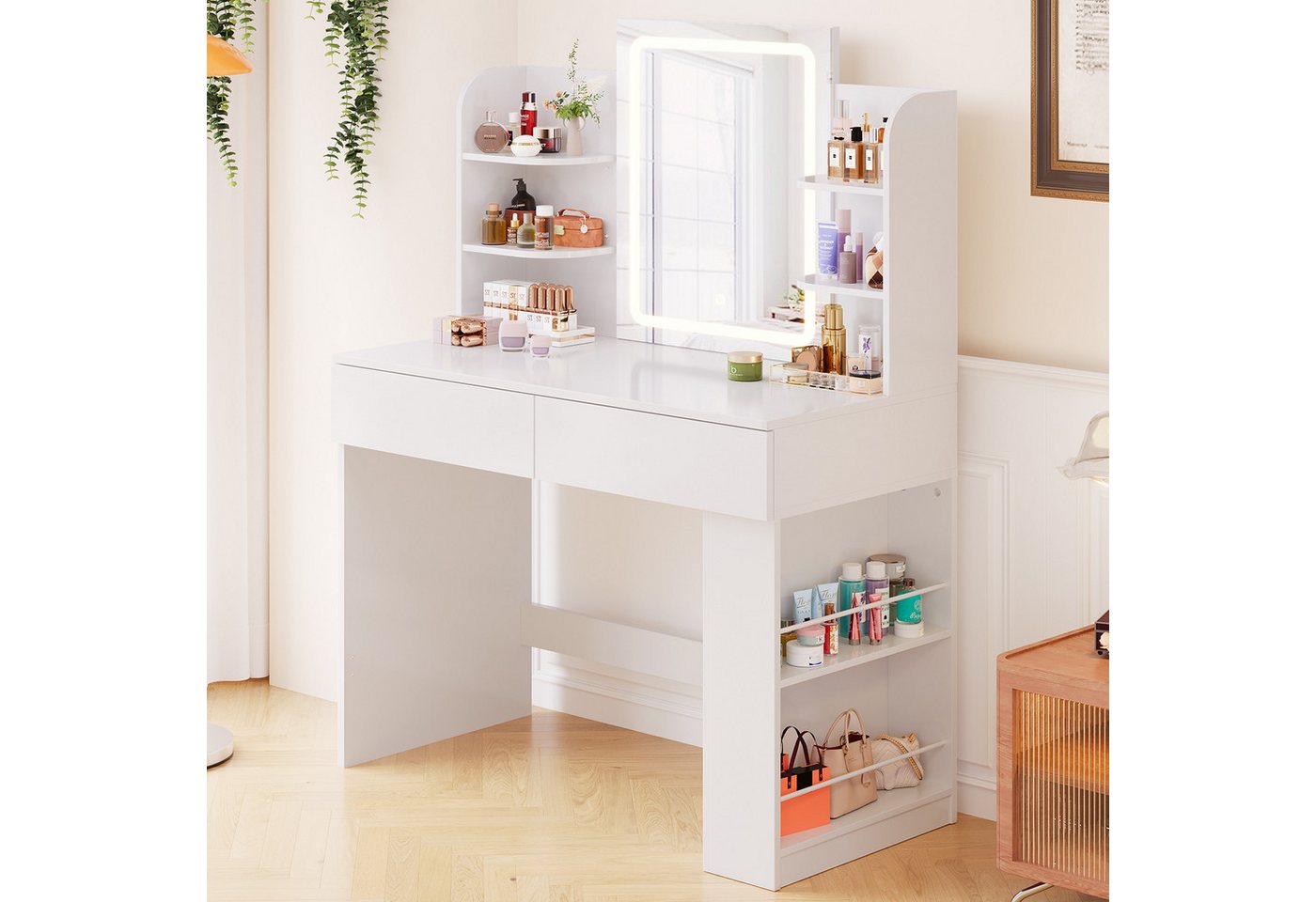 Furnicopia Schminktisch 90/110 cm, LED-Beleuchtung mit einstellbarer Helligkeit, Stauraum (Mit 8 Ablagefachern, 2 Schubladen (beidseitig austauschbar)und option – Bild 3 von 5
