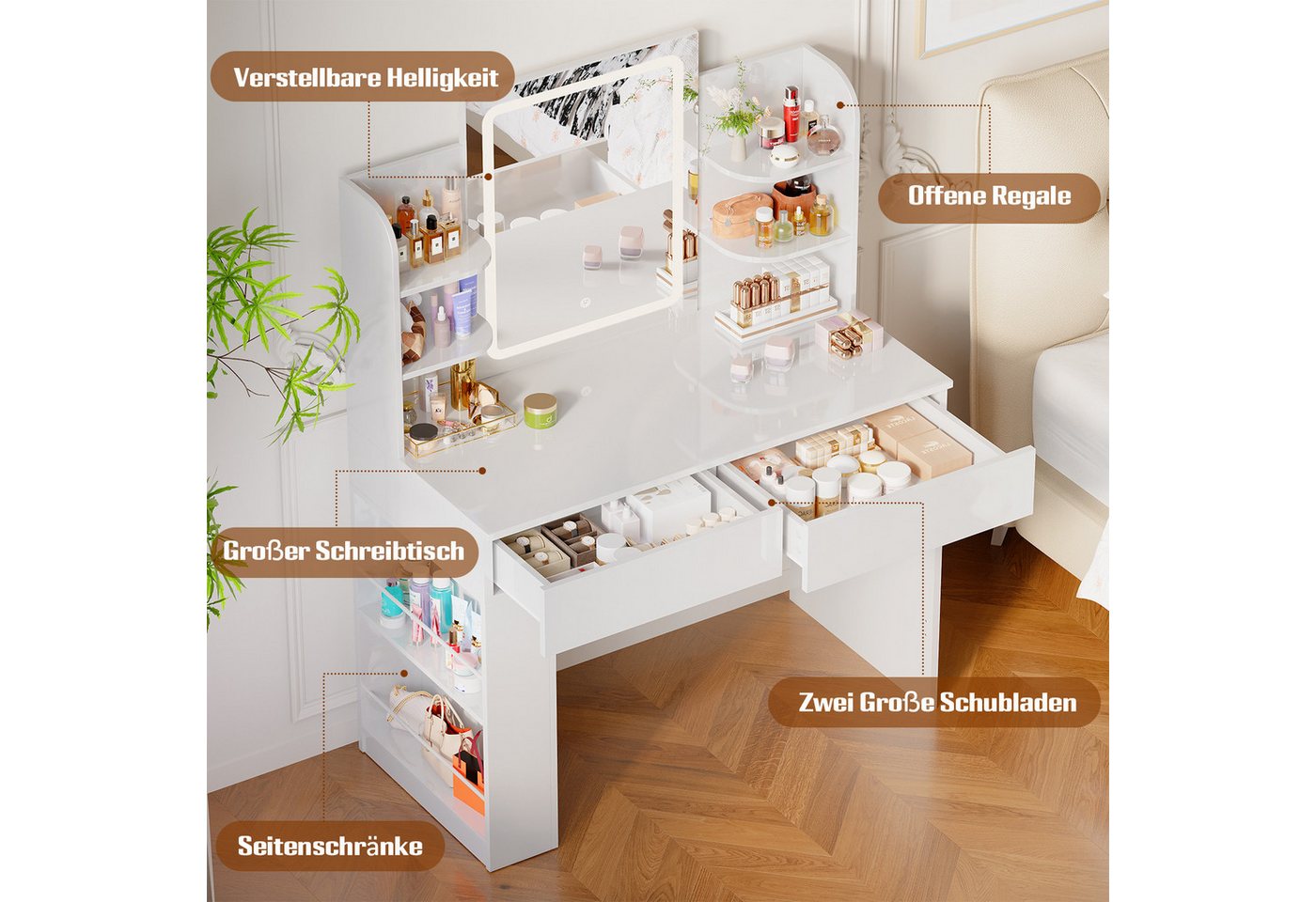 Furnicopia Schminktisch 90/110 cm, LED-Beleuchtung mit einstellbarer Helligkeit, Stauraum (Mit 8 Ablagefachern, 2 Schubladen (beidseitig austauschbar)und option – Bild 4 von 5