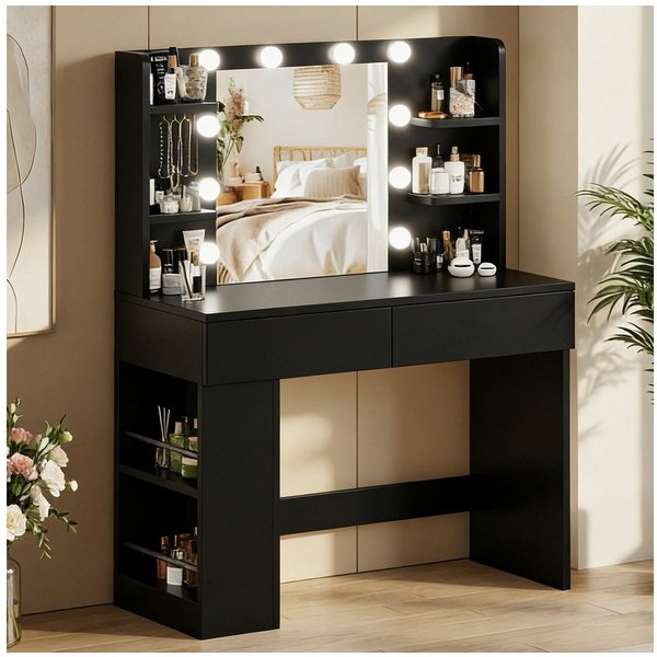 Furnicopia Schminktisch 90/110 cm, LED-Beleuchtung mit einstellbarer Helligkeit, Stauraum (Mit 8 Ablagefachern, 2 Schubladen (beidseitig austauschbar)und option