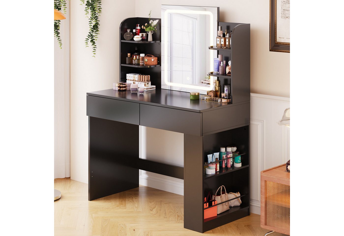 Furnicopia Schminktisch 90/110 cm, LED-Beleuchtung mit einstellbarer Helligkeit, Stauraum (Mit 8 Ablagefachern, 2 Schubladen (beidseitig austauschbar)und option – Bild 3 von 5