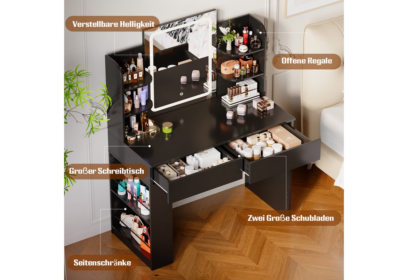 Furnicopia Schminktisch 90/110 cm, LED-Beleuchtung mit einstellbarer Helligkeit, Stauraum (Mit 8 Ablagefachern, 2 Schubladen (beidseitig austauschbar)und option – Bild 4 von 5