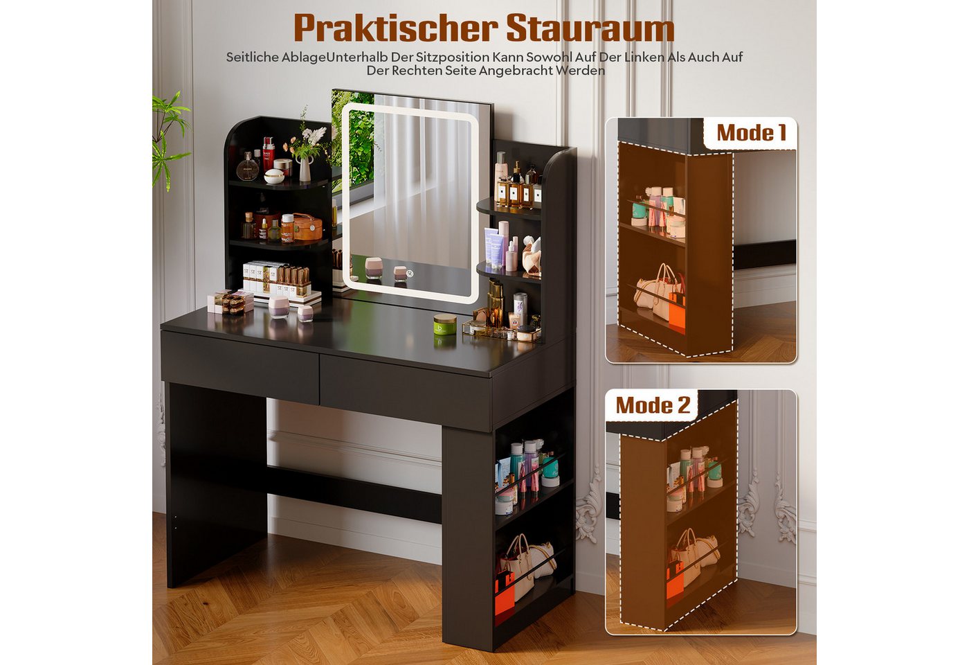 Furnicopia Schminktisch 90/110 cm, LED-Beleuchtung mit einstellbarer Helligkeit, Stauraum (Mit 8 Ablagefachern, 2 Schubladen (beidseitig austauschbar)und option – Bild 5 von 5