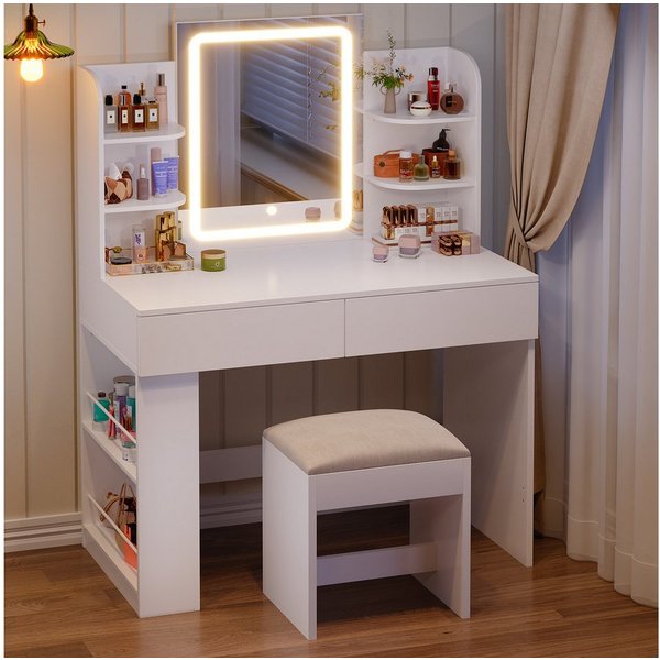 Furnicopia Schminktisch 90/110 cm, LED-Beleuchtung mit einstellbarer Helligkeit, Stauraum (Mit 8 Ablagefachern, 2 Schubladen (beidseitig austauschbar)und option