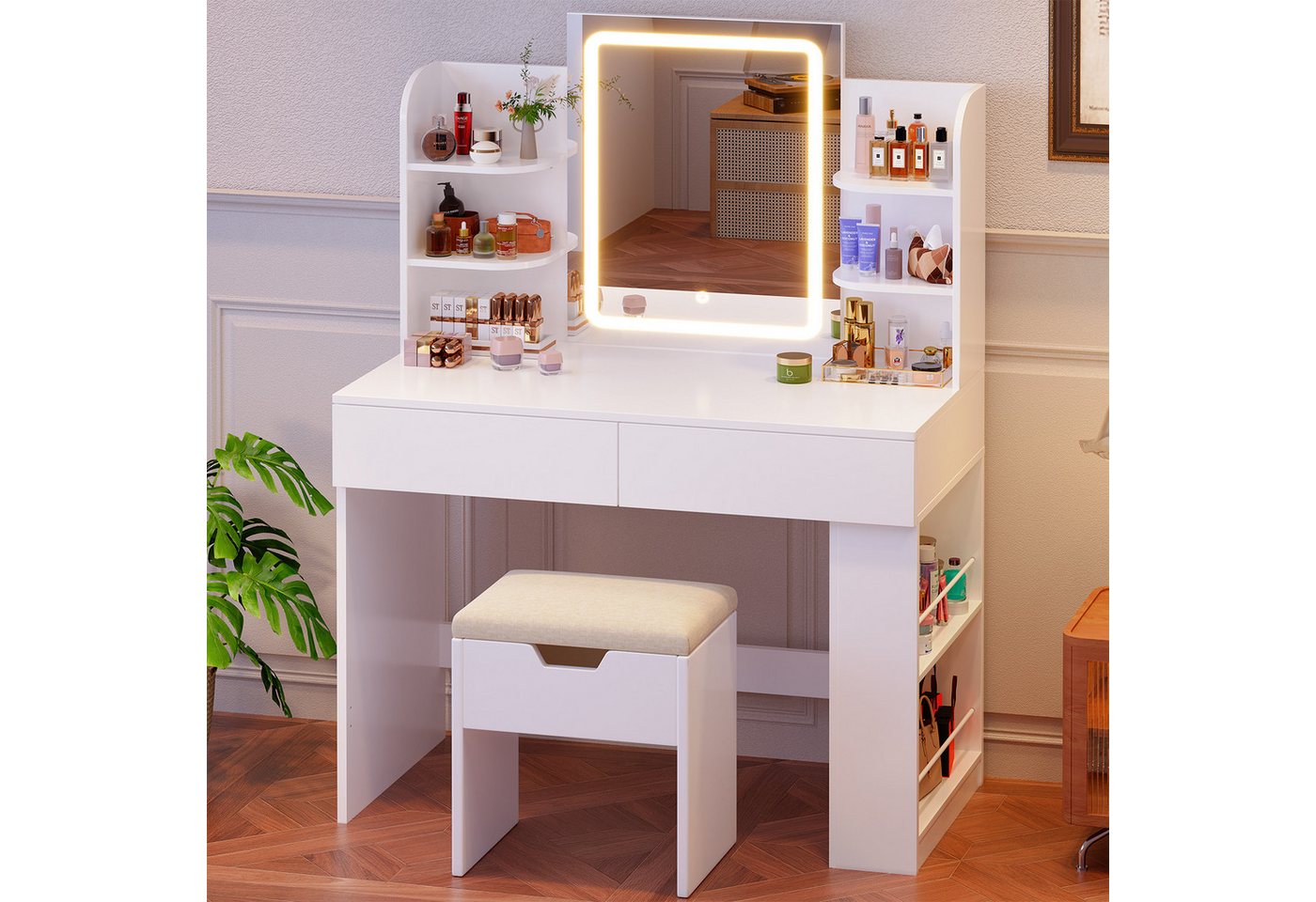Furnicopia Schminktisch 90/110 cm, LED-Beleuchtung mit einstellbarer Helligkeit, Stauraum (Mit 8 Ablagefachern, 2 Schubladen (beidseitig austauschbar)und option – Bild 3 von 5