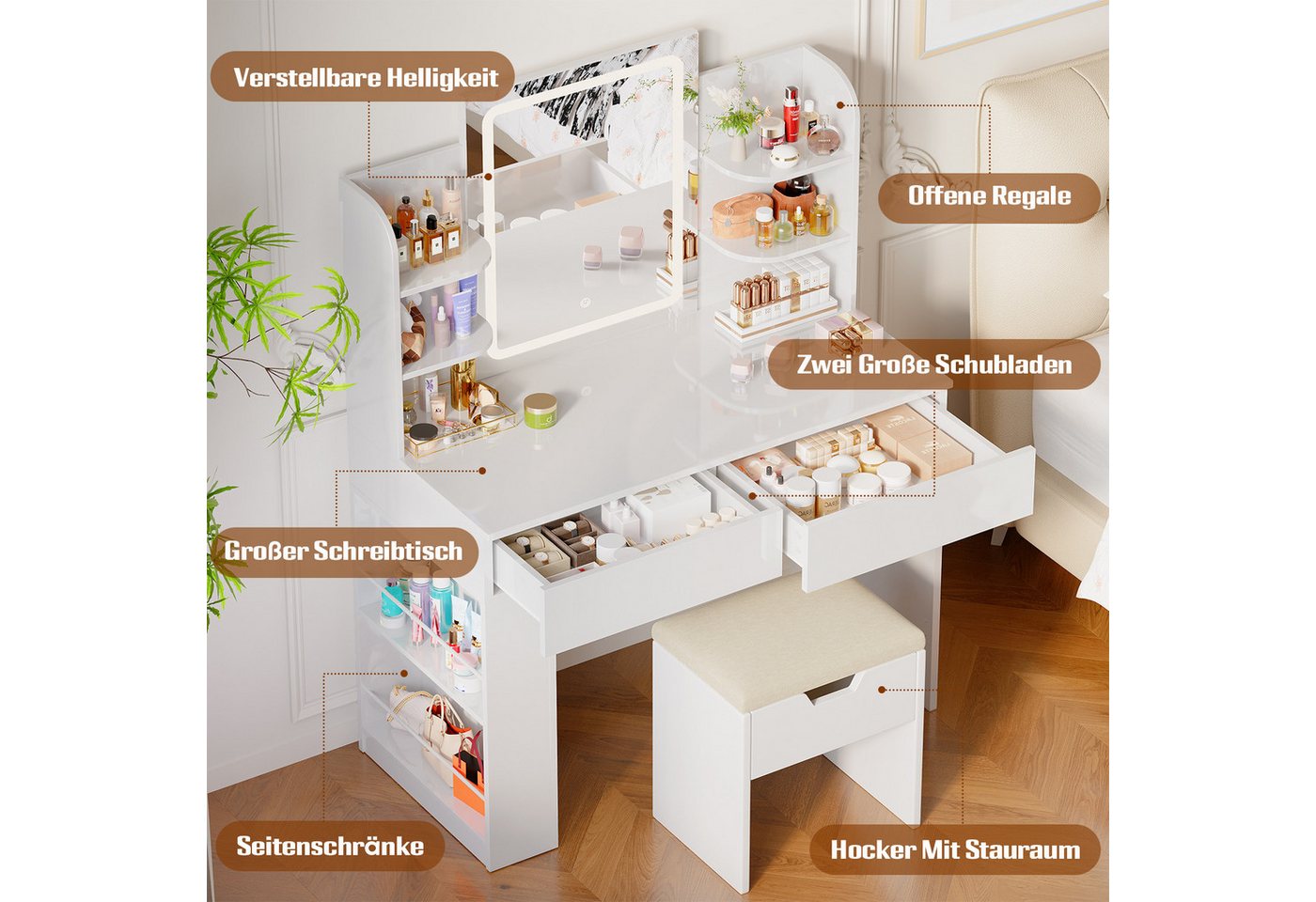 Furnicopia Schminktisch 90/110 cm, LED-Beleuchtung mit einstellbarer Helligkeit, Stauraum (Mit 8 Ablagefachern, 2 Schubladen (beidseitig austauschbar)und option – Bild 4 von 5