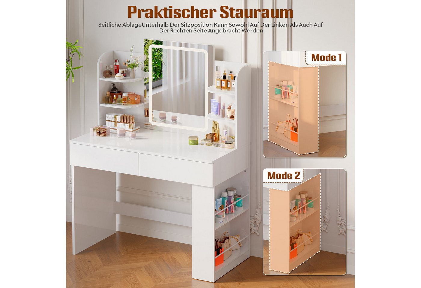 Furnicopia Schminktisch 90/110 cm, LED-Beleuchtung mit einstellbarer Helligkeit, Stauraum (Mit 8 Ablagefachern, 2 Schubladen (beidseitig austauschbar)und option – Bild 5 von 5