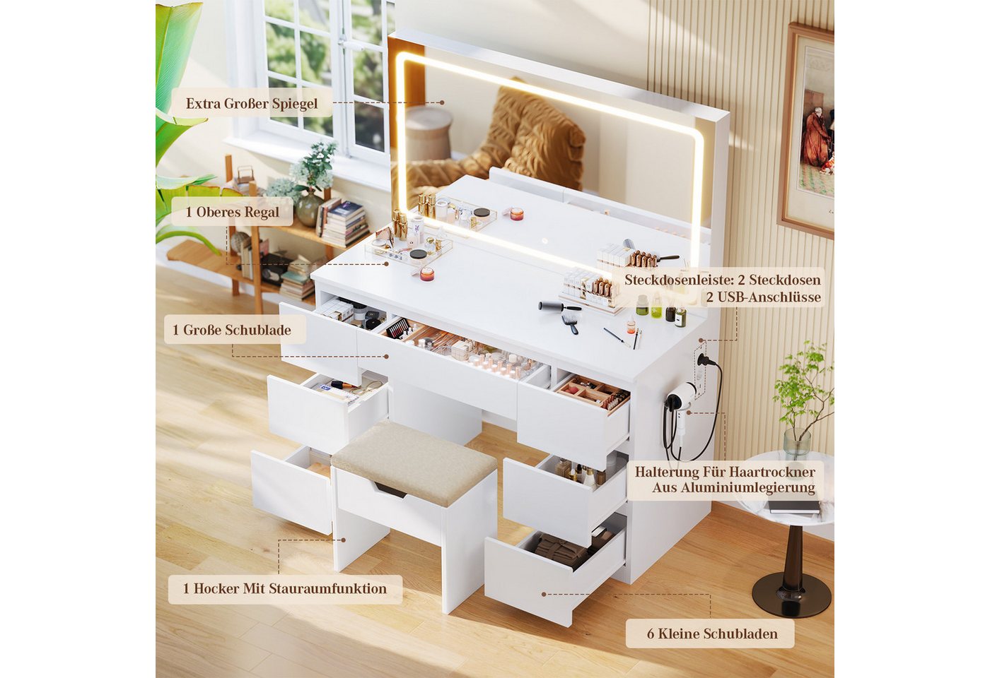 Furnicopia Schminktisch Extra große LED-Beleuchtung, Spiegelgröße 115 × 60 (Maße des Schranks: 115 × 40 × 139, einstellbare LED-Helligkeit, mit Aufbewahrungsban – Bild 4 von 5