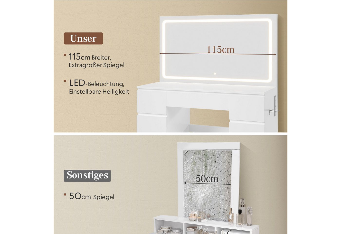Furnicopia Schminktisch Extra große LED-Beleuchtung, Spiegelgröße 115 × 60 (Maße des Schranks: 115 × 40 × 139, einstellbare LED-Helligkeit, mit Aufbewahrungsban – Bild 5 von 5