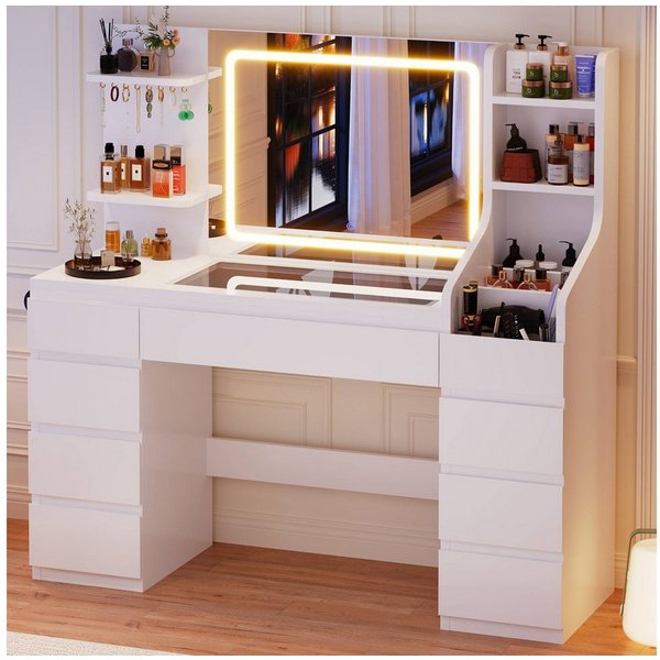Furnicopia Schminktisch Großer Schminktisch mit LED-Beleuchtung, dimmbar, mit viel Stauraum (Maße: 135 × 40 × 137 cm, Arbeitsplatte aus gehärtetem Glas, mit 7 o