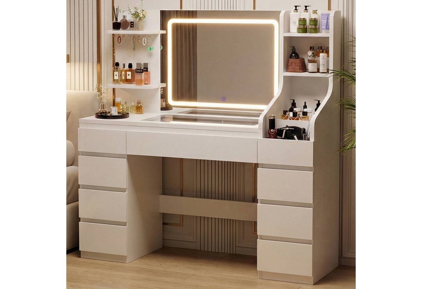 Furnicopia Schminktisch Großer Schminktisch mit LED-Beleuchtung, dimmbar, mit viel Stauraum (Maße: 135 × 40 × 137 cm, Arbeitsplatte aus gehärtetem Glas, mit 7 o – Bild 2 von 5
