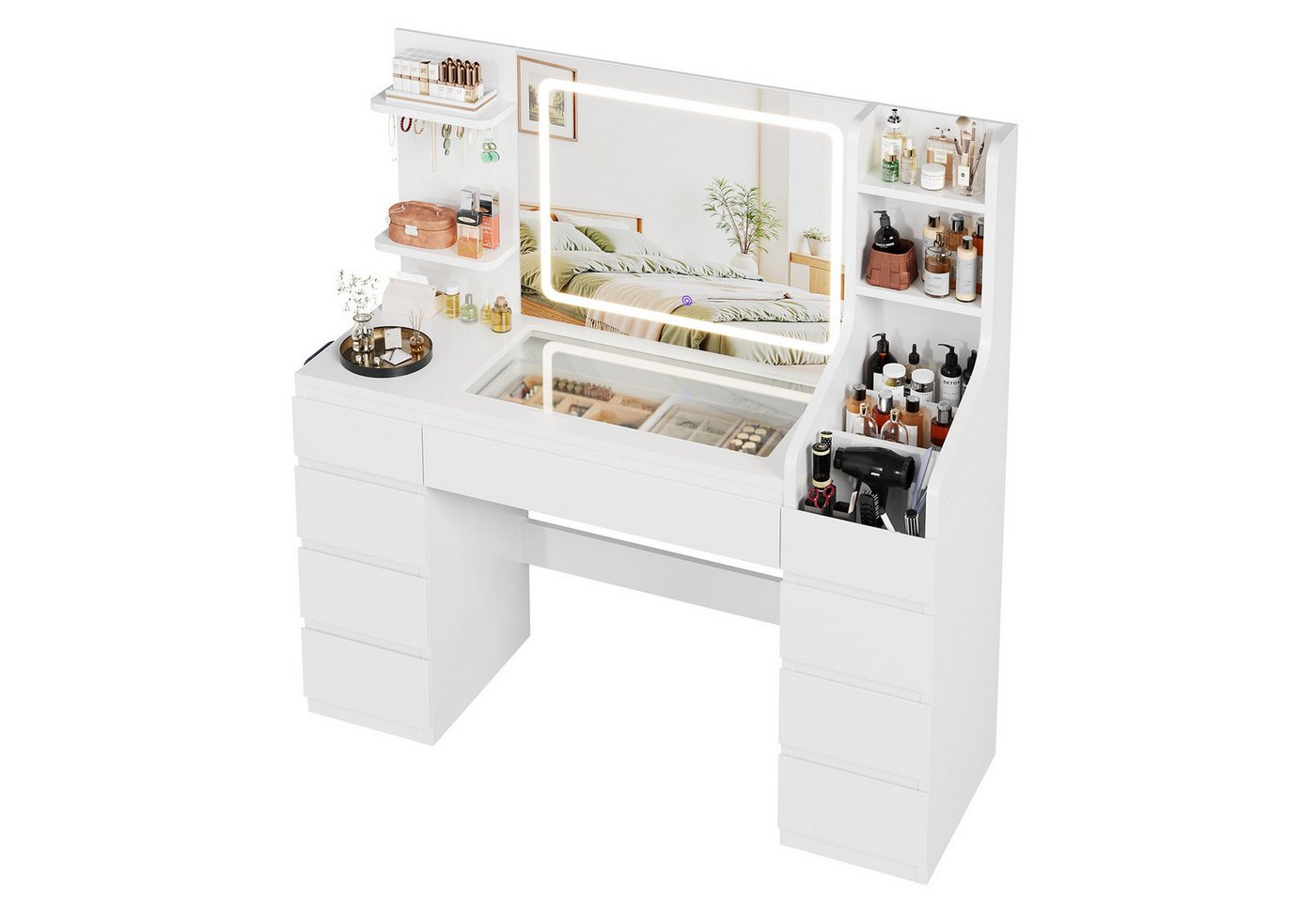 Furnicopia Schminktisch Großer Schminktisch mit LED-Beleuchtung, dimmbar, mit viel Stauraum (Maße: 135 × 40 × 137 cm, Arbeitsplatte aus gehärtetem Glas, mit 7 o – Bild 3 von 5