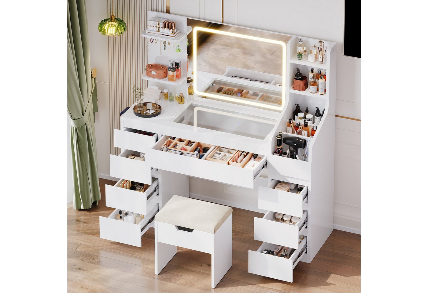 Furnicopia Schminktisch Großer Schminktisch mit LED-Beleuchtung, dimmbar, mit viel Stauraum (Maße: 135 × 40 × 137 cm, Arbeitsplatte aus gehärtetem Glas, mit 7 o – Bild 4 von 5