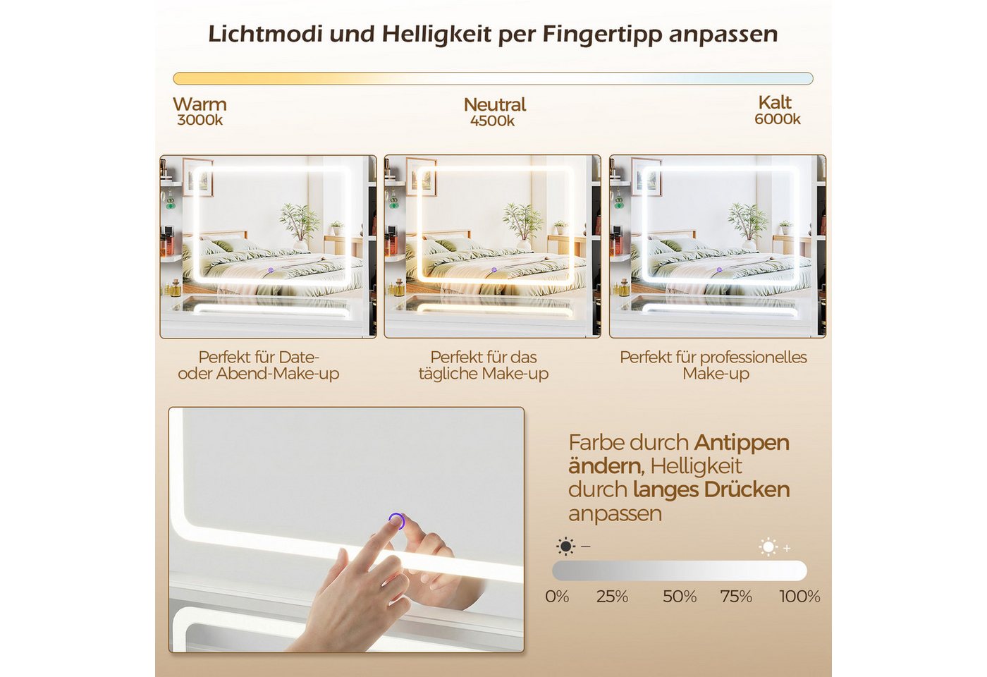 Furnicopia Schminktisch Großer Schminktisch mit LED-Beleuchtung, dimmbar, mit viel Stauraum (Maße: 135 × 40 × 137 cm, Arbeitsplatte aus gehärtetem Glas, mit 7 o – Bild 5 von 5