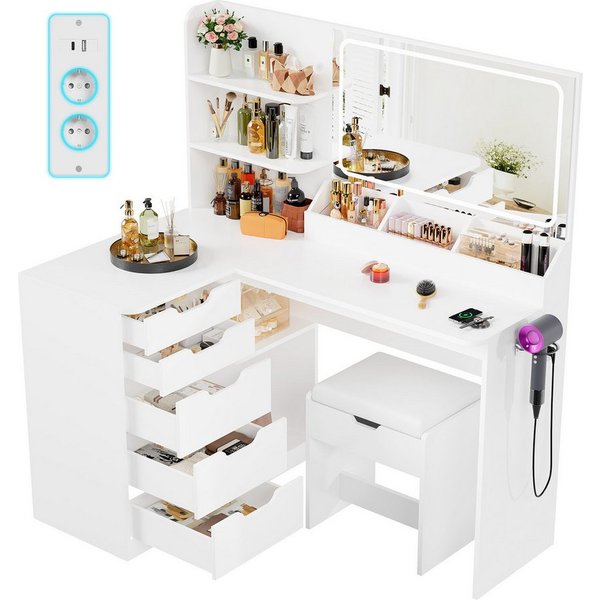 Furnicopia Schminktisch LED-Schminktisch mit großer Ablagefläche und Hocker (Maße: 120 x 80 x 136 cm Ausstattung: 5 Schranktüren, 8 Staufächer Ausstattung: 2 St