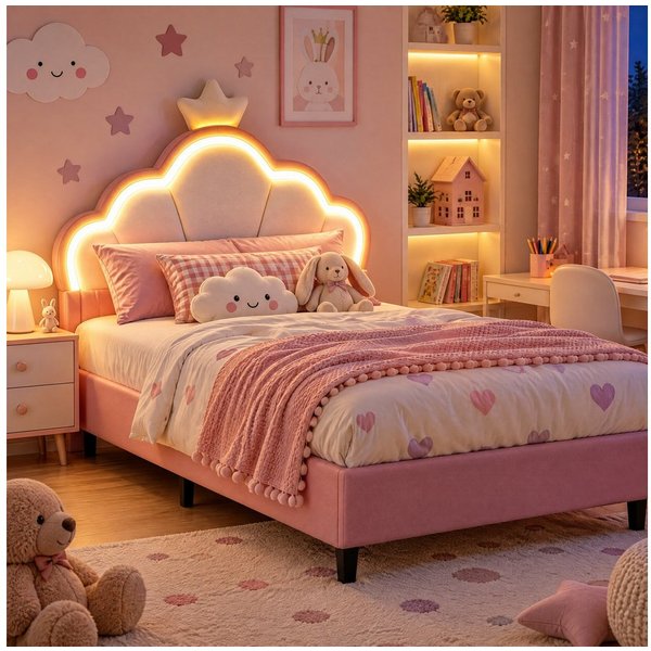 Furnishings Home Kinderbett Polsterbett LED mit Kopfteil 90x200 cm (Einzelbett mit LED-Beleuchtung), Geeignet für Jungen und Mädchen