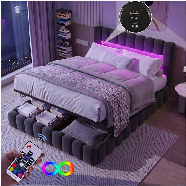 Furnishings Home Polsterbett Doppelbett Jugendbett (Set, Bett), Mit LED-Beleuchtung, USB & Type-c Anschlüsse, Leinen, 180x200 cm
