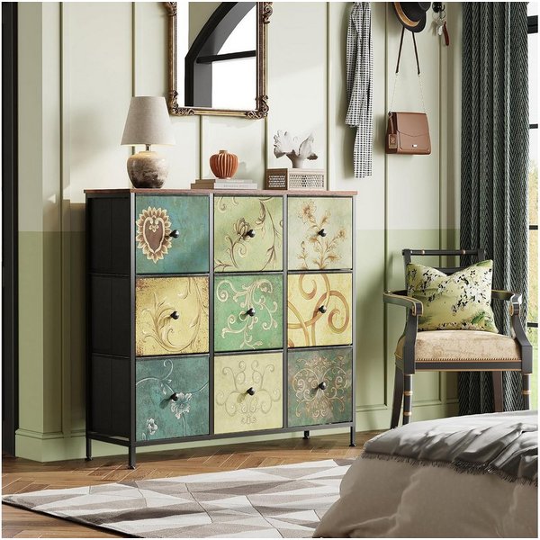 Furnishings Home Schubkastenkommode Sideboard Kommode Nachttisch Moderne (1 tlg. 100 x 30 x 86.5 cm (BxTxH), 9 Schubladen, Retro-Stil, Blumenstoff