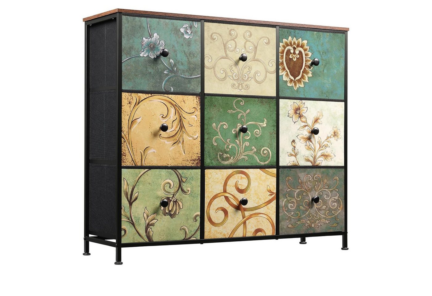 Furnishings Home Schubkastenkommode Sideboard Kommode Nachttisch Moderne (1 tlg. 100 x 30 x 86.5 cm (BxTxH), 9 Schubladen, Retro-Stil, Blumenstoff – Bild 2 von 5