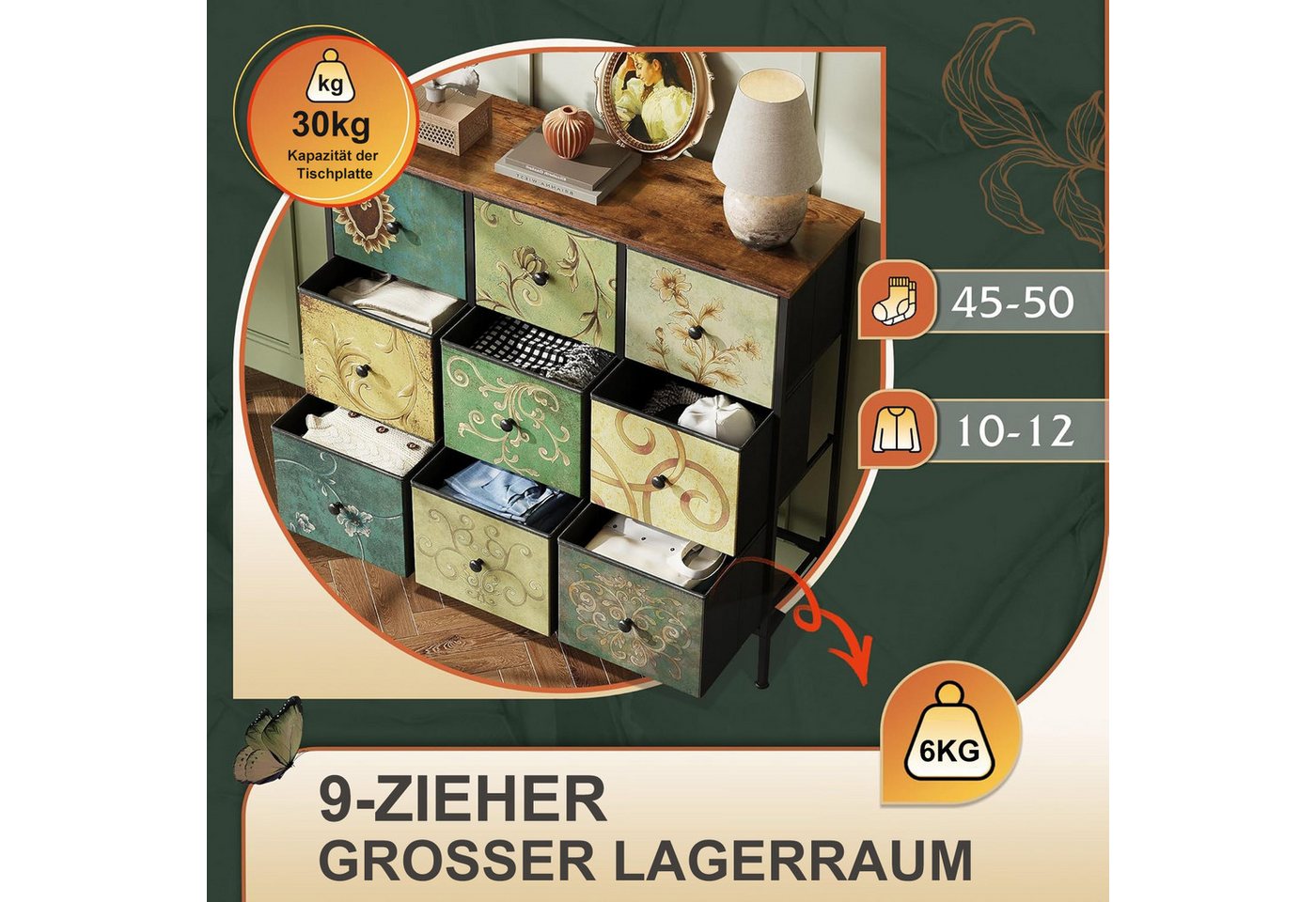 Furnishings Home Schubkastenkommode Sideboard Kommode Nachttisch Moderne (1 tlg. 100 x 30 x 86.5 cm (BxTxH), 9 Schubladen, Retro-Stil, Blumenstoff – Bild 4 von 5