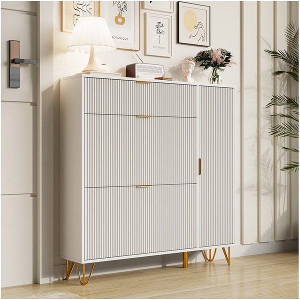 Furnishings Home Schuhschrank mit 3 Klappen Fächer einstellbarer Schuhkipper (1-St) Breite 110 cm, Tief 24 cm Weiß