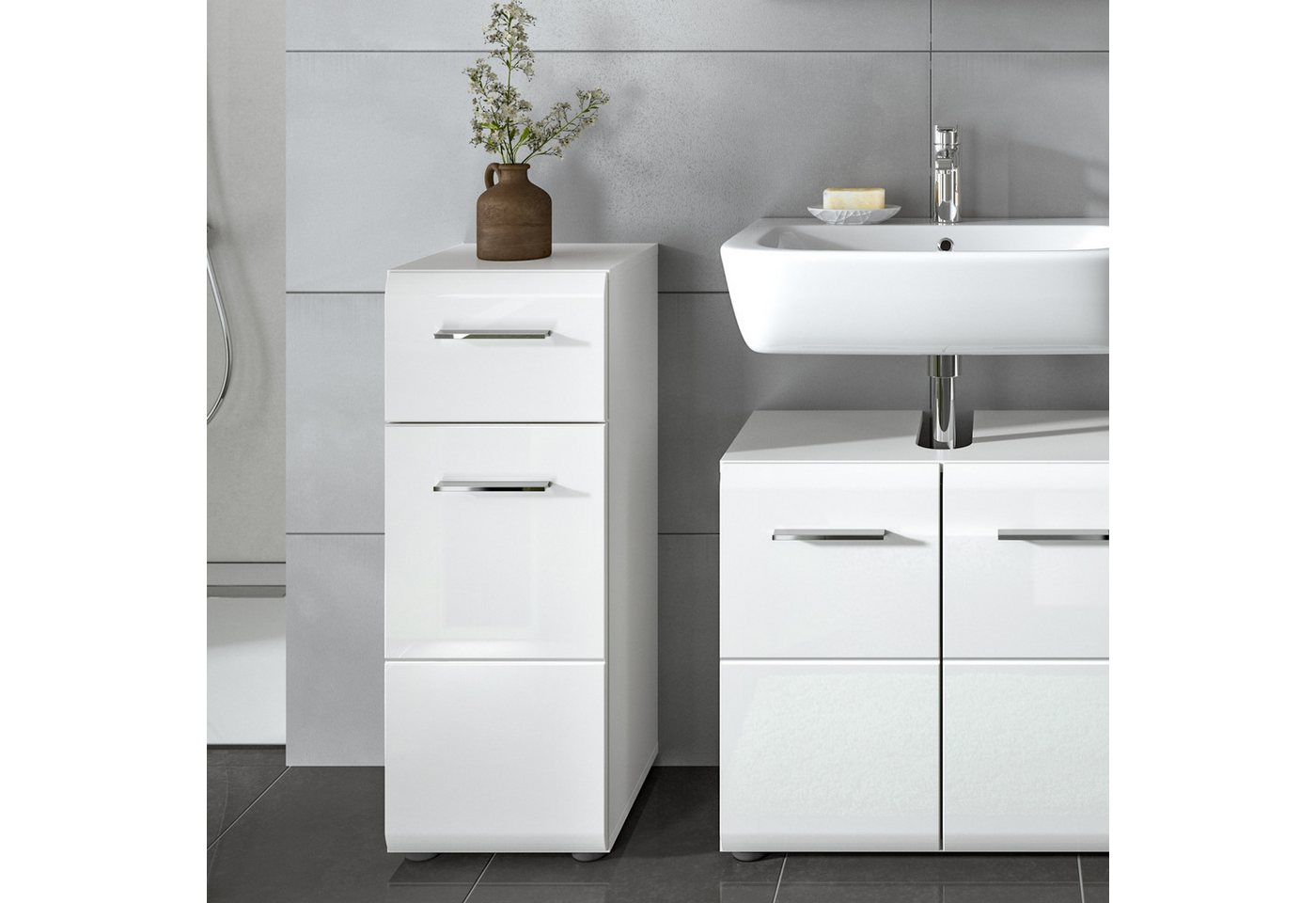 furnling Badkommode Standschrank Ivy, 1 Schublade, 1 Tür, 2 Fächer innen, Stauraum, Badezimmerschrank, weiß – Bild 2 von 5