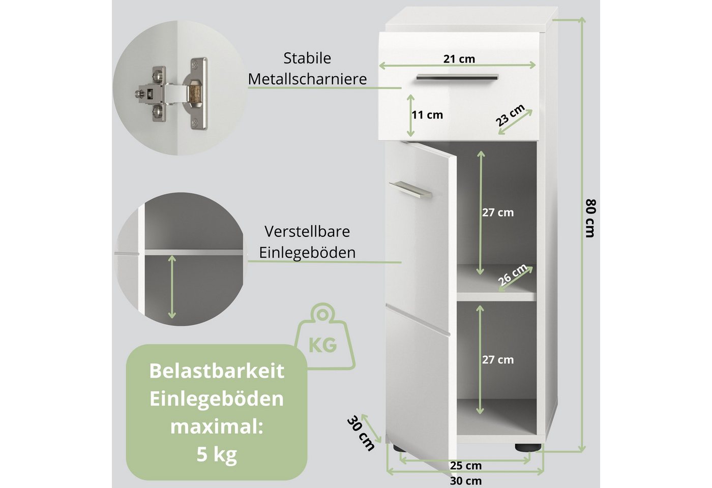 furnling Badkommode Standschrank Ivy, 1 Schublade, 1 Tür, 2 Fächer innen, Stauraum, Badezimmerschrank, weiß – Bild 3 von 5