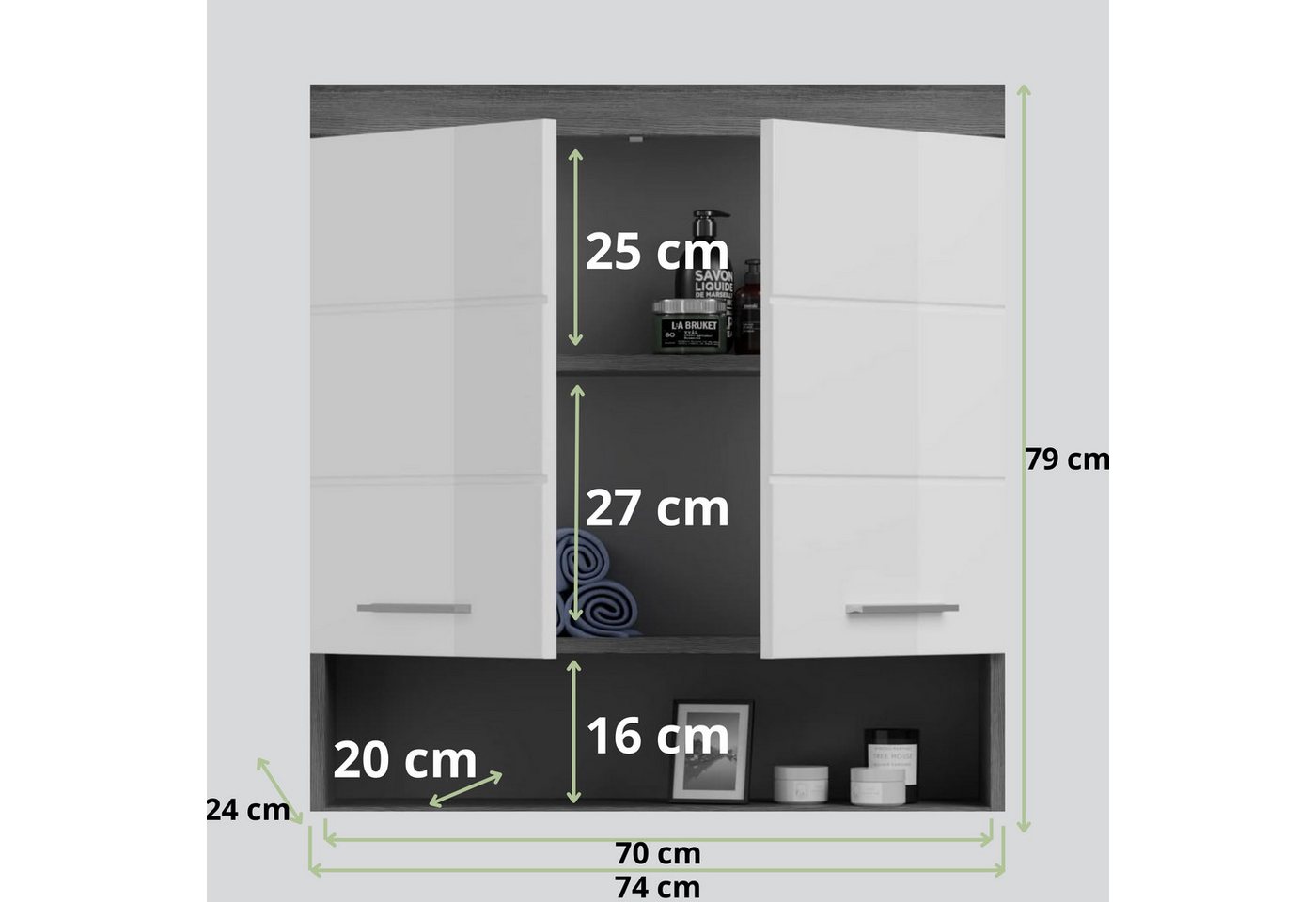 furnling Hängeschrank Scott 2 Türen, 1 offenes Fach, Stauraum, Badmöbel, Badschrank, 74 cm breit – Bild 3 von 5
