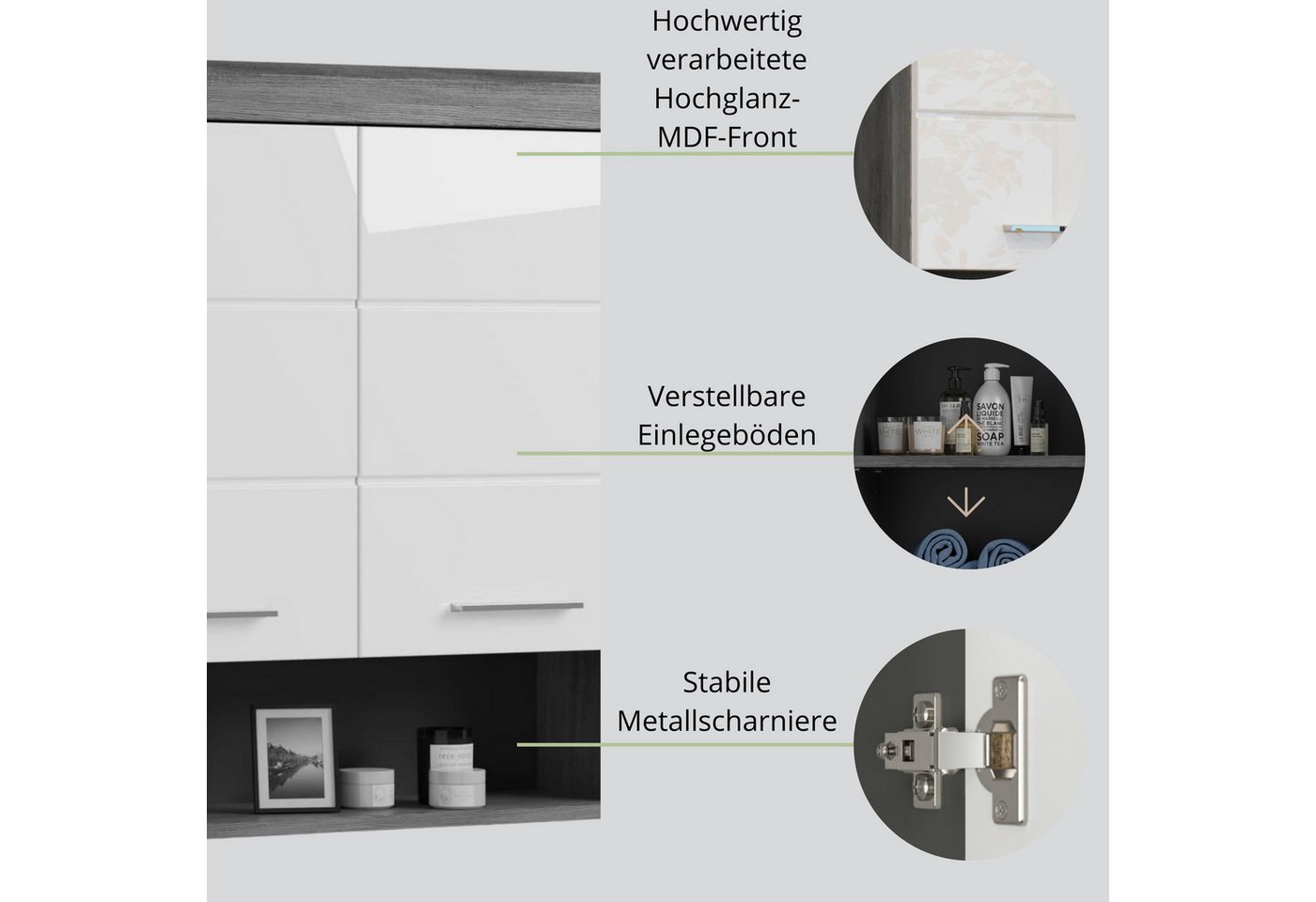 furnling Hängeschrank Scott 2 Türen, 1 offenes Fach, Stauraum, Badmöbel, Badschrank, 74 cm breit – Bild 4 von 5