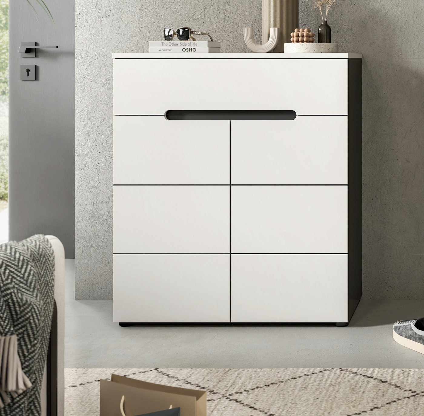 furnling Schuhkommode Schuhschrank Cano, mit 2 Türen, 4 Fächer, 1 Schublade, grau/weiß, Schuhregal, Flurmöbel – Bild 2 von 5