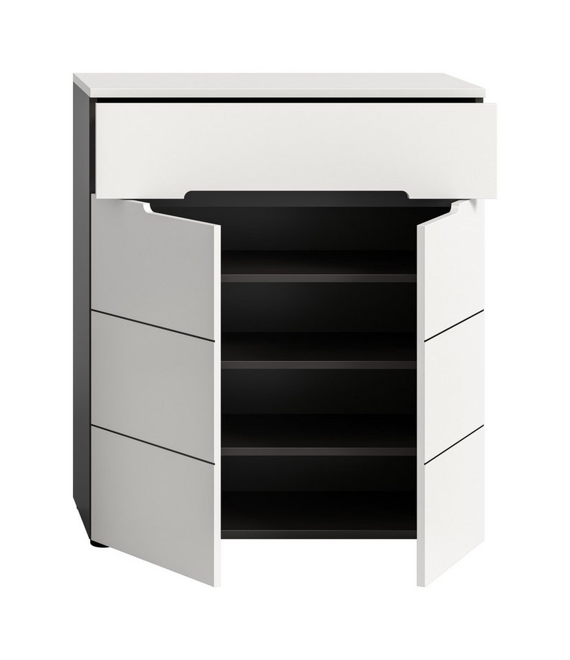 furnling Schuhkommode Schuhschrank Cano, mit 2 Türen, 4 Fächer, 1 Schublade, grau/weiß, Schuhregal, Flurmöbel – Bild 4 von 5