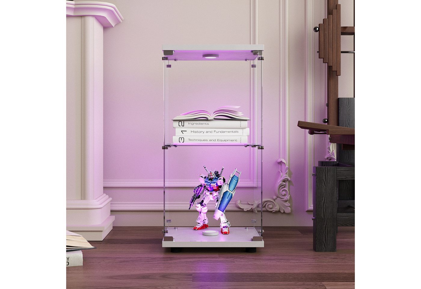FUROKOY Glasvitrine Glas Standvitrinen, Drei/Zweifach-Vitrine aus gehärtetem Glas, (Glasvitrinen mit LED beleuchtung) Hochschränke,Modern Wohnzimmer,Schwarz/Wei – Bild 2 von 5