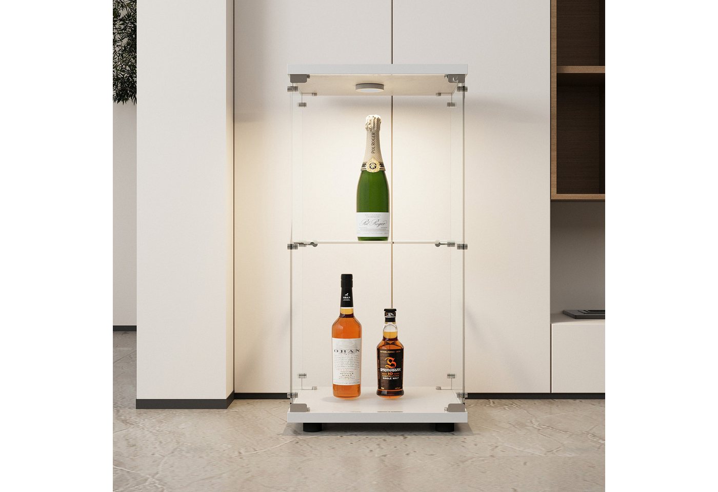 FUROKOY Glasvitrine Glas Standvitrinen, Drei/Zweifach-Vitrine aus gehärtetem Glas, (Glasvitrinen mit LED beleuchtung) Hochschränke,Modern Wohnzimmer,Schwarz/Wei – Bild 4 von 5
