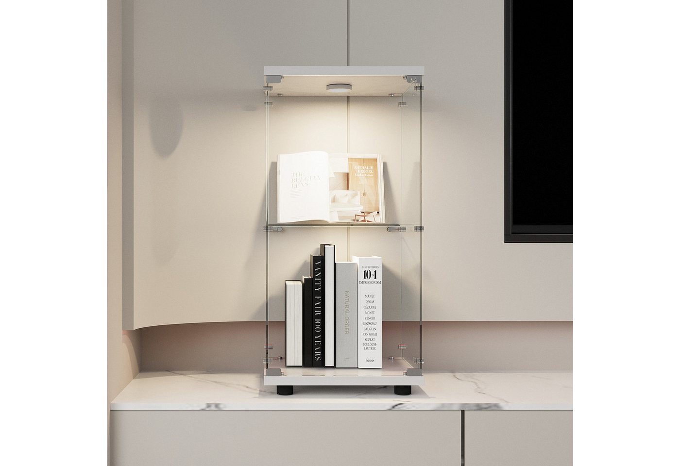 FUROKOY Glasvitrine Glas Standvitrinen, Drei/Zweifach-Vitrine aus gehärtetem Glas, (Glasvitrinen mit LED beleuchtung) Hochschränke,Modern Wohnzimmer,Schwarz/Wei – Bild 5 von 5