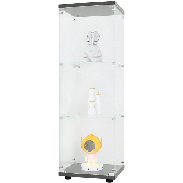 FUROKOY Glasvitrine Standvitrine, Modern Glas Vitrinenschrank (3 Lagen Glasvitrine mit 1 Glastür, Sammlervitrine, für Sammlerstücke Bücher Wein)