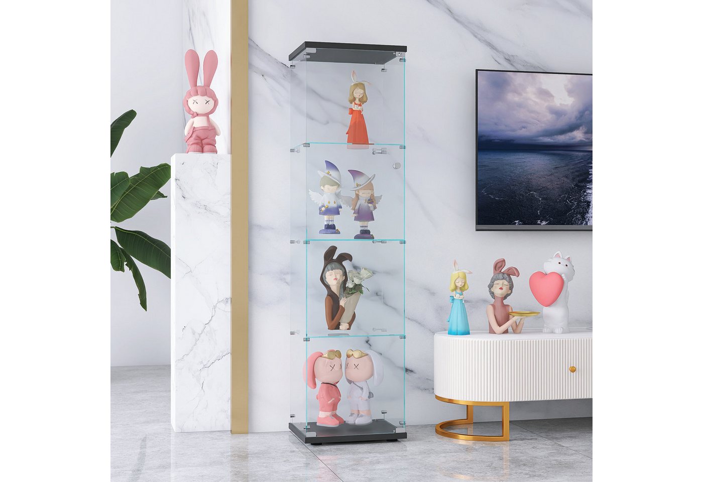 FUROKOY Glasvitrine Standvitrine, Modern Glas Vitrinenschrank (4 Lagen Glasvitrine mit 1 Glastür, Sammlervitrine, für Sammlerstücke Bücher Wein) – Bild 2 von 5