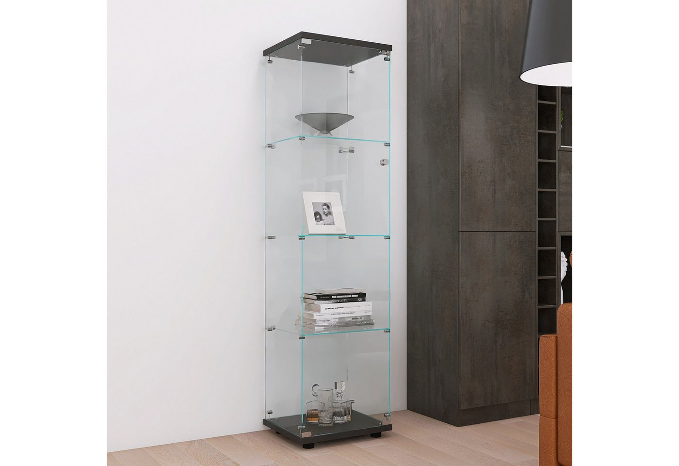 FUROKOY Glasvitrine Standvitrine, Modern Glas Vitrinenschrank (4 Lagen Glasvitrine mit 1 Glastür, Sammlervitrine, für Sammlerstücke Bücher Wein) – Bild 3 von 5