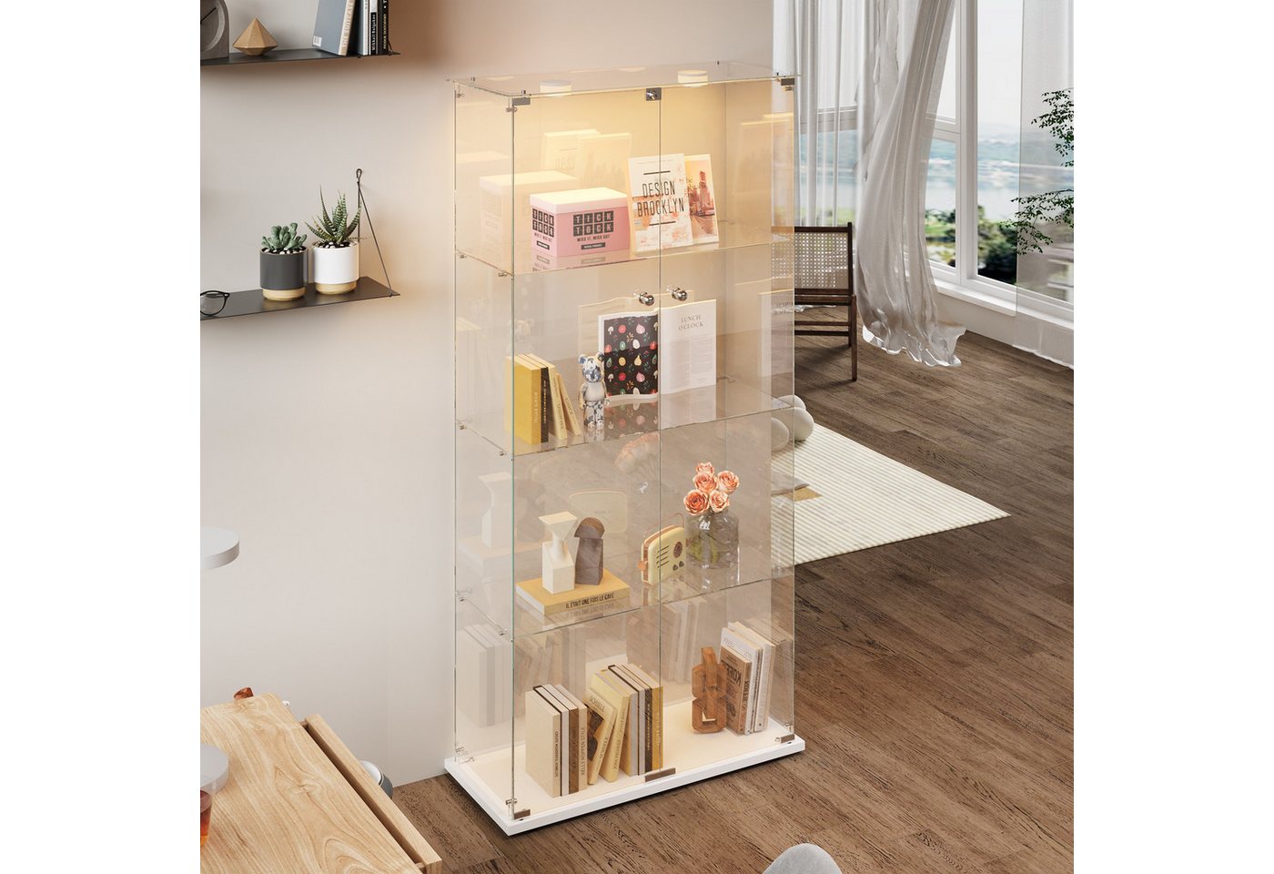 FUROKOY Glasvitrine Standvitrinen, Vitrine aus gehärtetem Glas (Vitrinenschrank mit 2 Glastür und Beleuchtung für Sammler, Bücher) 4 Lagen Sammlervitrine, Weiß – Bild 3 von 5