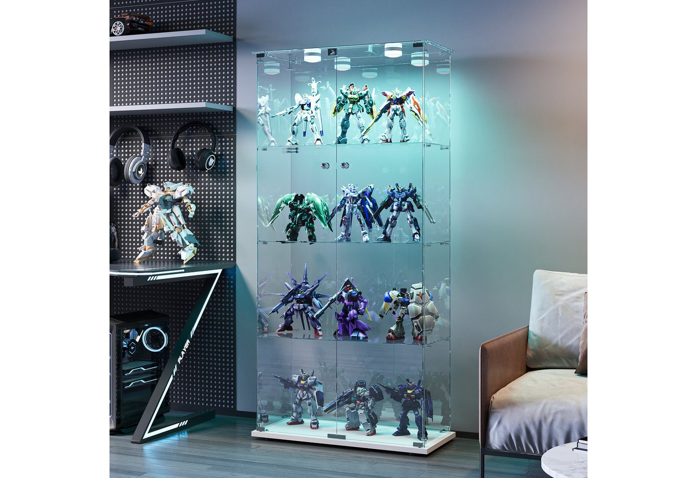 FUROKOY Glasvitrine Standvitrinen, Vitrine aus gehärtetem Glas (Vitrinenschrank mit 2 Glastür und Beleuchtung für Sammler, Bücher) 4 Lagen Sammlervitrine, Weiß – Bild 4 von 5