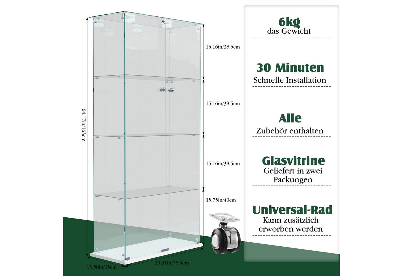 FUROKOY Glasvitrine Standvitrinen, Vitrine aus gehärtetem Glas (Vitrinenschrank mit 2 Glastür und Beleuchtung für Sammler, Bücher) 4 Lagen Sammlervitrine, Weiß – Bild 5 von 5