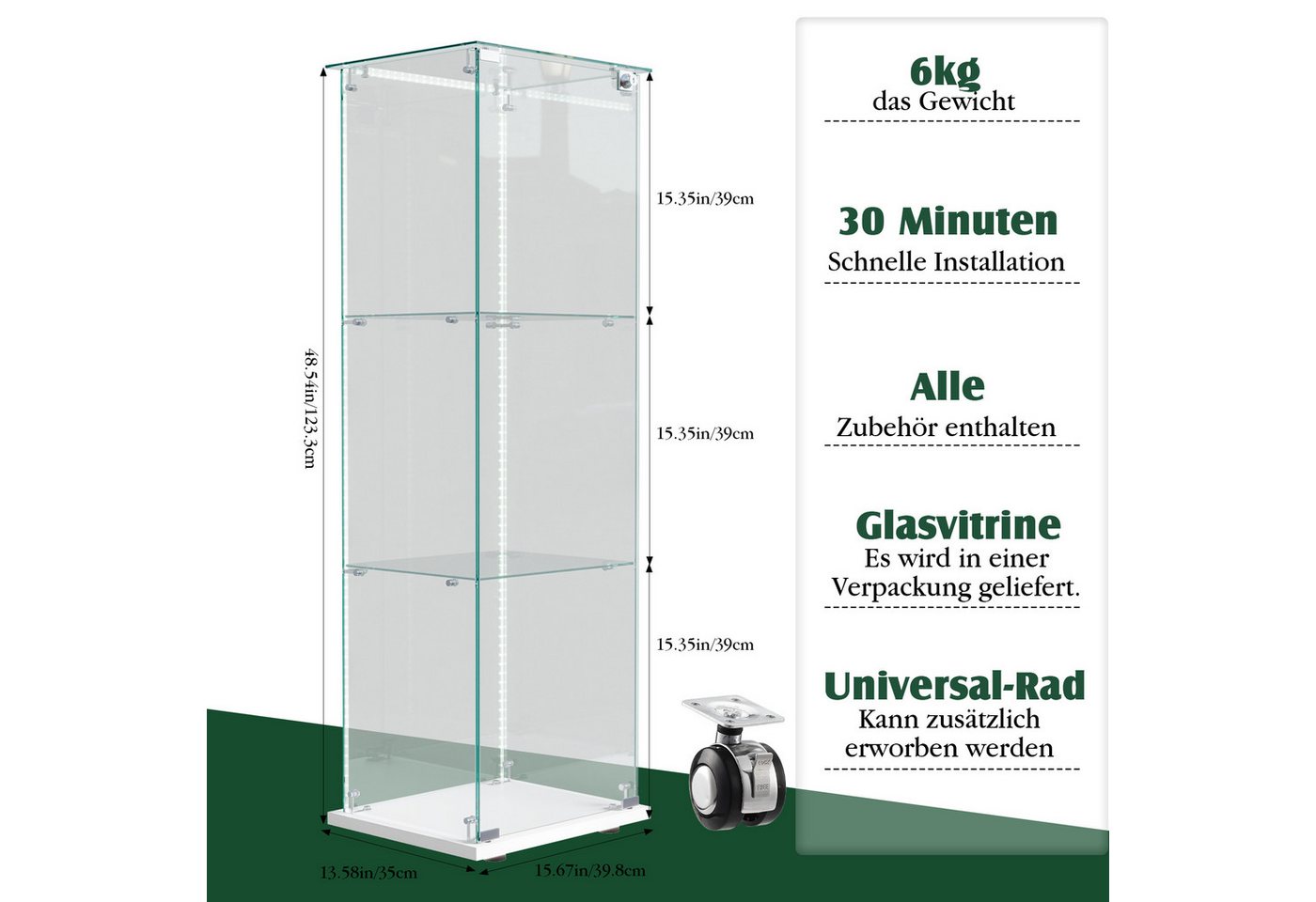 FUROKOY Glasvitrine Standvitrinen, Vitrine aus gehärtetem Glas (Set, 1-St., Vitrinenschrank mit 1 Glastür und Lichtleiste für Sammler, Bücher) Weiß 3 Lagen Samm – Bild 5 von 5