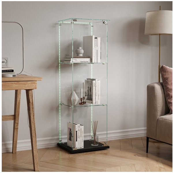 FUROKOY Glasvitrine Standvitrinen, Vitrine aus gehärtetem Glas (Set, 1-St., Vitrinenschrank mit 1 Glastür für Sammler, Bücher) Schwarz 3 Lagen Sammlervitrine