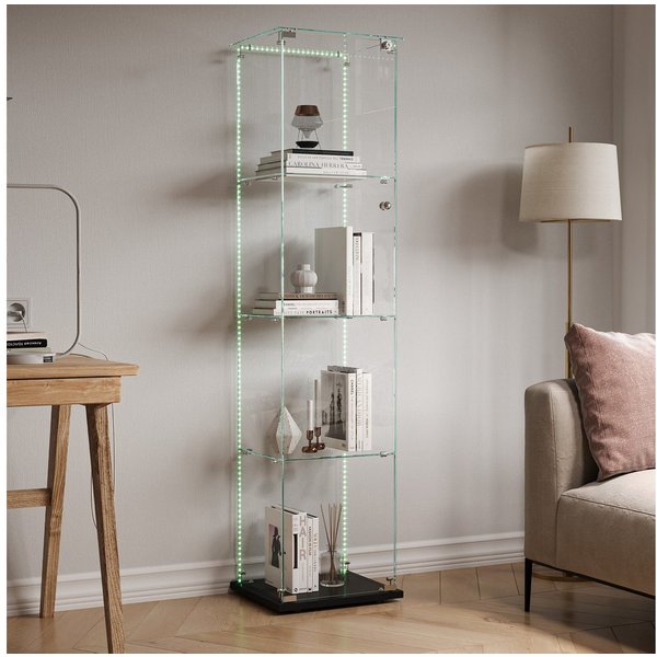 FUROKOY Glasvitrine Standvitrinen, Vitrine aus gehärtetem Glas (Vitrinenschrank mit 1 Glastür und Lichtleiste für Sammler, Bücher) 4 Lagen Sammlervitrine, Schwa